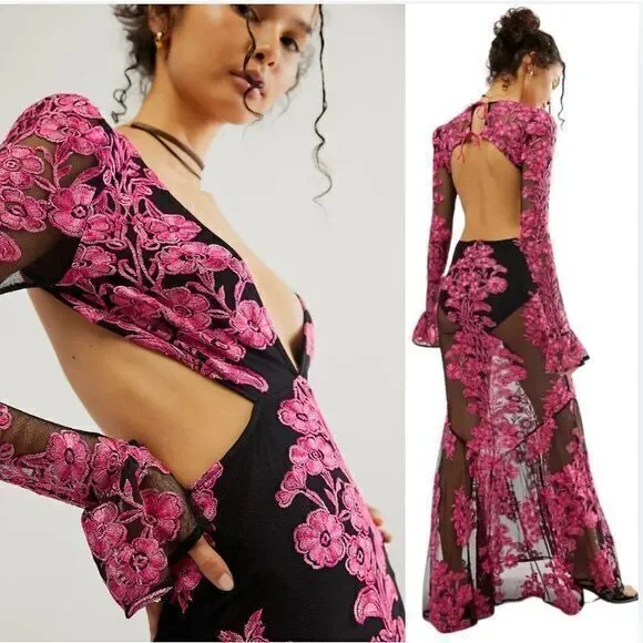 For Love and Lemons FP Temecula Cut Out Maxi Dress Small Black Pink Ombre